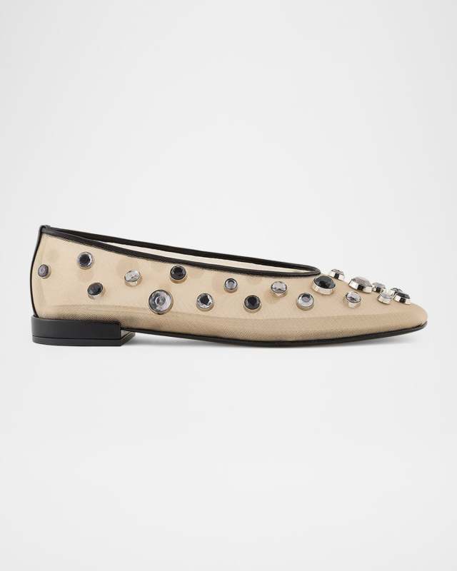 Mesh Crystal-Embellished Ballerina Flats